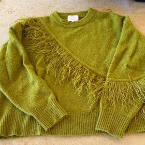 Cinq a sept Green Feather-Trimmed Sweater